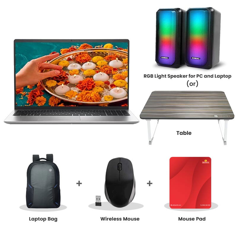 Picture of Dell 15 - 13th Gen Intel Core i5-1334U 15.6" (39.62cm) Thin & Light Laptop (16GB/ 512GB SSD/  Full HD Display/ Intel UHD Graphics/ Anti-Glare/ Windows 11 Home/ Office Home 2024/ 1 Year Warranty/ Platinum Silver/ 1.65 kg)   RGB Light Speaker for PC and Laptop (or) Laptop Table + Laptop Bag + Wireless Mouse + Mouse Pad