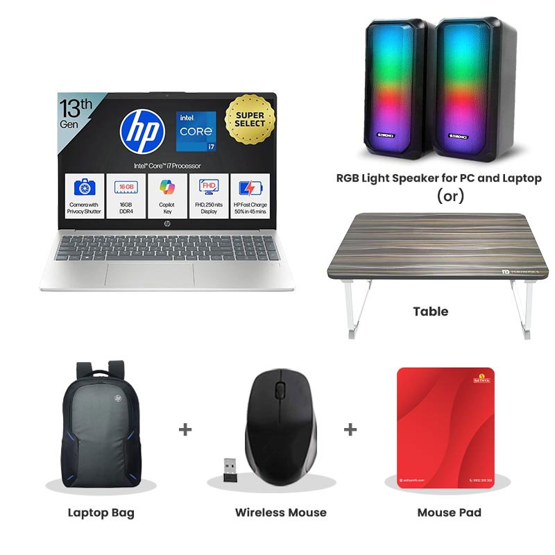 Picture of HP - 13th Gen Intel Core i7-13620H 15.6" (39.6 cm) 15-fr0046TU Thin & Light Laptop (16GB DDR4/ 512GB SSD/ Full HD Display/ Intel UHD Graphics/ Anti-Glare/ Camera Privacy Shutter/ Backlit Keyboard/ Mic Mute key/ Windows 11 Home/ MS Office/ 1Year Warranty/ Natural Silver/ 1.65 kg) RGB Light Speaker for PC and Laptop (or) Laptop Table + Laptop Bag + Wireless Mouse + Mouse Pad