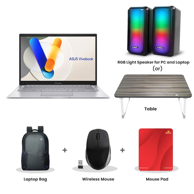 Picture of Asus Vivobook 15 - Intel Core 5 120U 15.6" (39.62 cms) X1504VAP-BQ1541WS Thin & Light Laptop (16GB DDR5/ 512GB SSD/ Full HD Display/ Intel Graphics/ Windows 11 Home/ Office Home 2024 + M365 Basic (1 Year Validity)/  1 Year Warranty/ Cool Silver/ 1.70 kg) RGB Light Speaker for PC and Laptop (or) Laptop Table + Laptop Bag + Wireless Mouse + Mouse Pad
