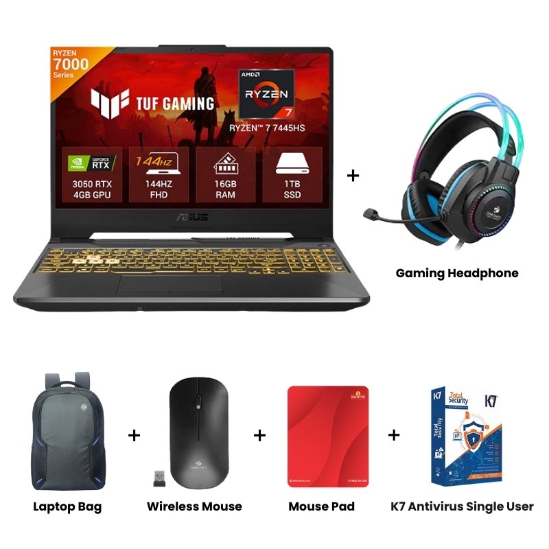 Picture of Asus TUF Gaming A15 - AMD Ryzen 7 7445HS, RTX 3050 GPU 15.6" (39.62cm) FA506NCG-HN251WS Gaming Laptop (16GB/1TB/ FHD/Windows 11 Home/Microsoft Office Home 2024 + Microsoft 365 Basic/ 1 Year Warranty/ Graphite Black/ 2.30 kg)  Zebronics Zeb-Jet Premium Gaming Headphone + Laptop Bag + Wireless Mouse + Mouse Pad + K7 Antivirus Single User