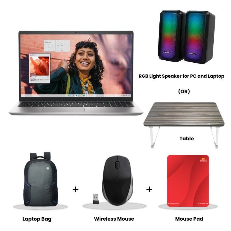 Picture of Dell 15 - AMD Ryzen 5-7530U 15.6" (39.62cm) Thin & Light Laptop (16GB/ 512GB SSD/ Full HD Display/ LED-Backlit Standard Keyboard/ Windows 11 Home/ Office Home 2024 + M365 Basic/ 1Year Warranty/ Platinum Silver/ 1.67 Kg) RGB Light Speaker for PC and Laptop (or) Laptop Table + Laptop Bag + Wireless Mouse + Mouse Pad