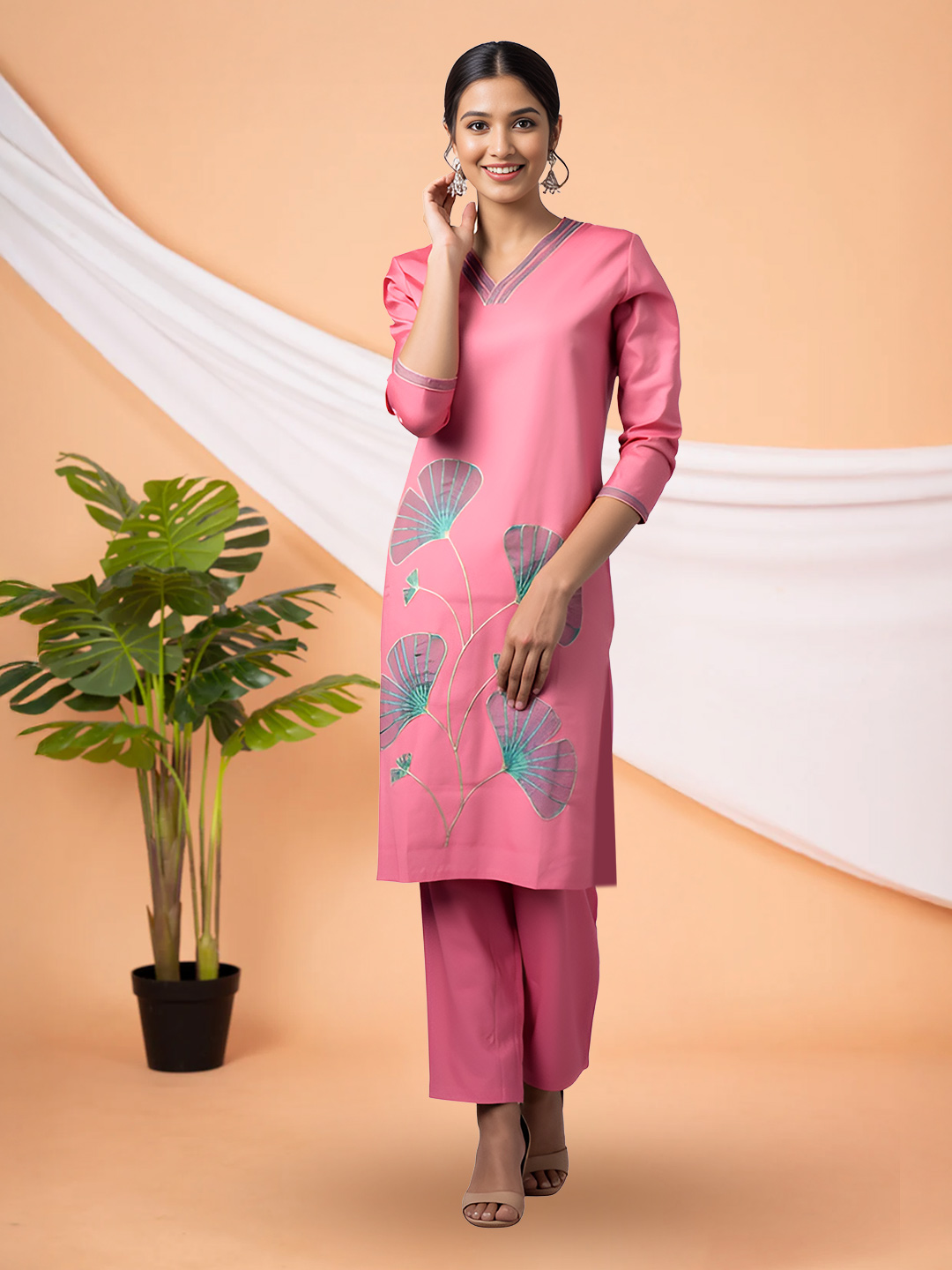 Stunning V-Neck Embroidered Kurta with Pant Set