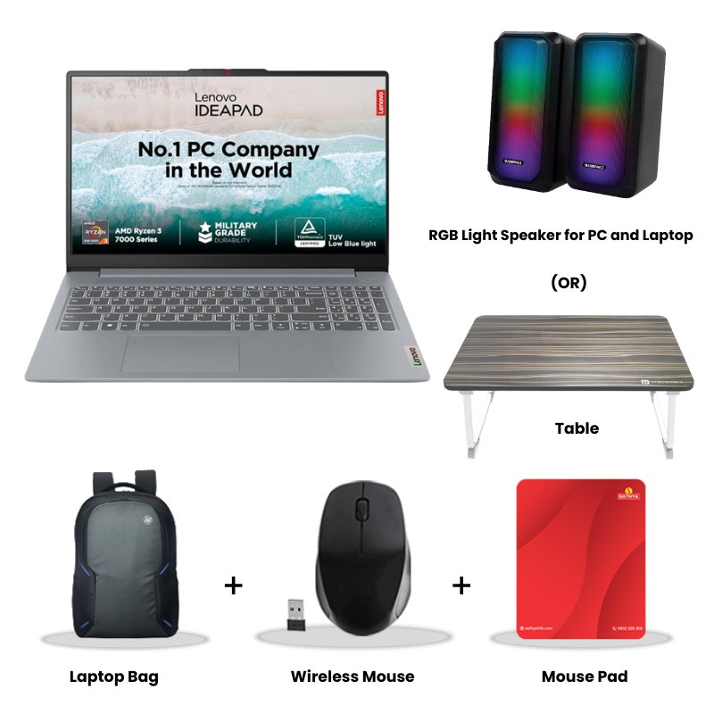 Picture of Lenovo IdeaPad Slim 3 - AMD Ryzen 3 7320U 15.6" (39.62 cm) 82XQ00MDIN Thin & Light Laptop (8GB / 512GB SSD/ Full HD Display/ Camera Privacy Shutter/ Integrated AMD Radeon 610M Graphics/ Anti-glare/ Windows 11 Home/ MS Office 2024/ 1Year Warranty/ Arctic Grey/ 1.62 kg) RGB Light Speaker for PC and Laptop (or) Laptop Table + Laptop Bag + Wireless Mouse + Mouse Pad