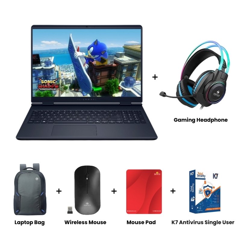 Picture of  Dell Alienware 16 Aurora - Intel Core 7 240H 16" (40.64cm) Gaming Laptop (16GB/ 1TB SSD/  WQXGA 120Hz Display/ NVIDIA GeForce RTX 3050, 6GB GDDR6/ Windows 11 Home/ Office Home 2024 + M365 Basic (1 Year Validity)/ 1 Year Warranty/  Interstellar Indigo/ 2.57 kg)  Zebronics Zeb-Jet Premium Gaming Headphone + Laptop Bag + Wireless Mouse + Mouse Pad + K7 Antivirus Single User