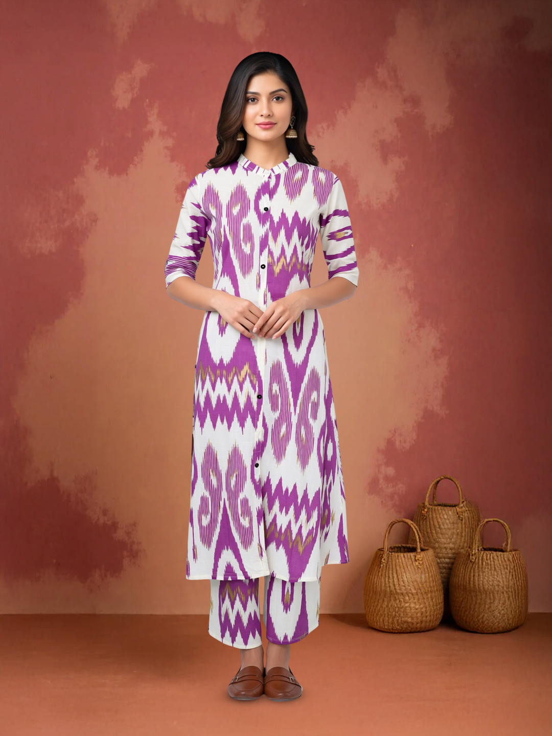 Ikat Printed  Straight-Cut Kurta with Palazzo Co-Ord Set