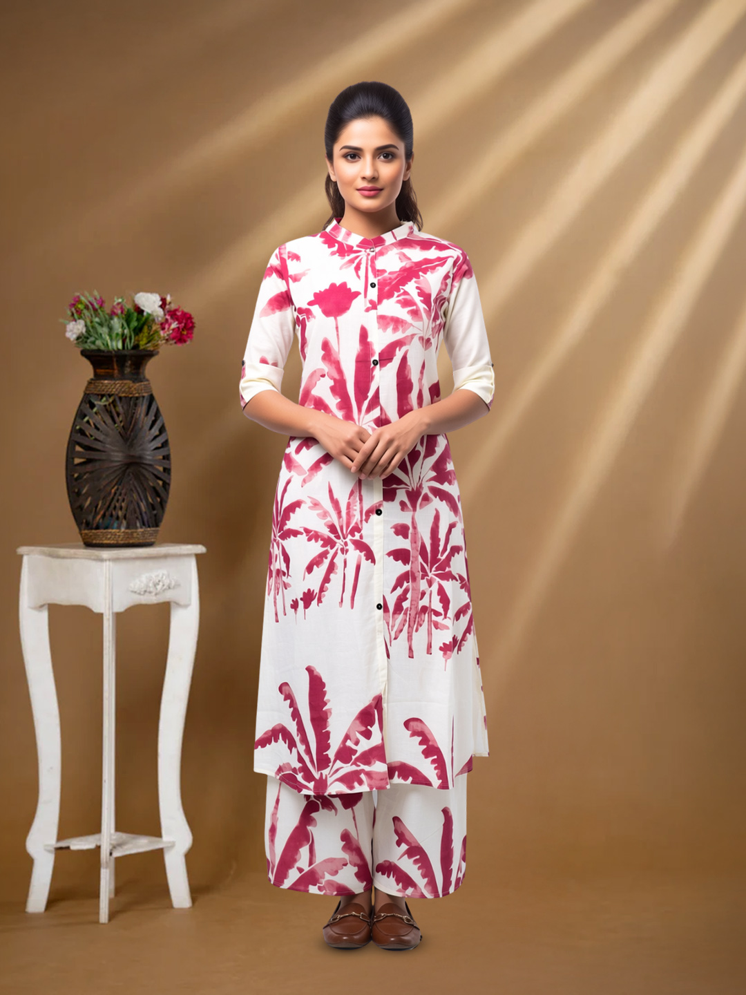Leaf printed Mandarin Collar Straight-Cut Kurta with Palazzo Co-Ord Set