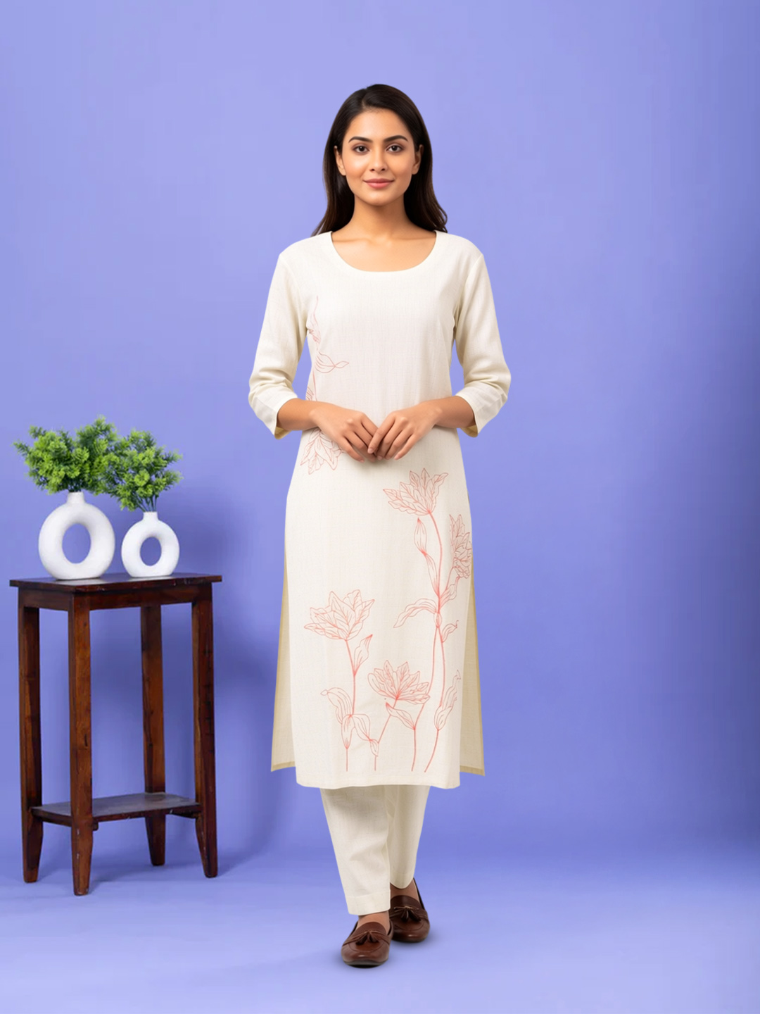 Floral Thread Embroidery Kurta with Pant Set