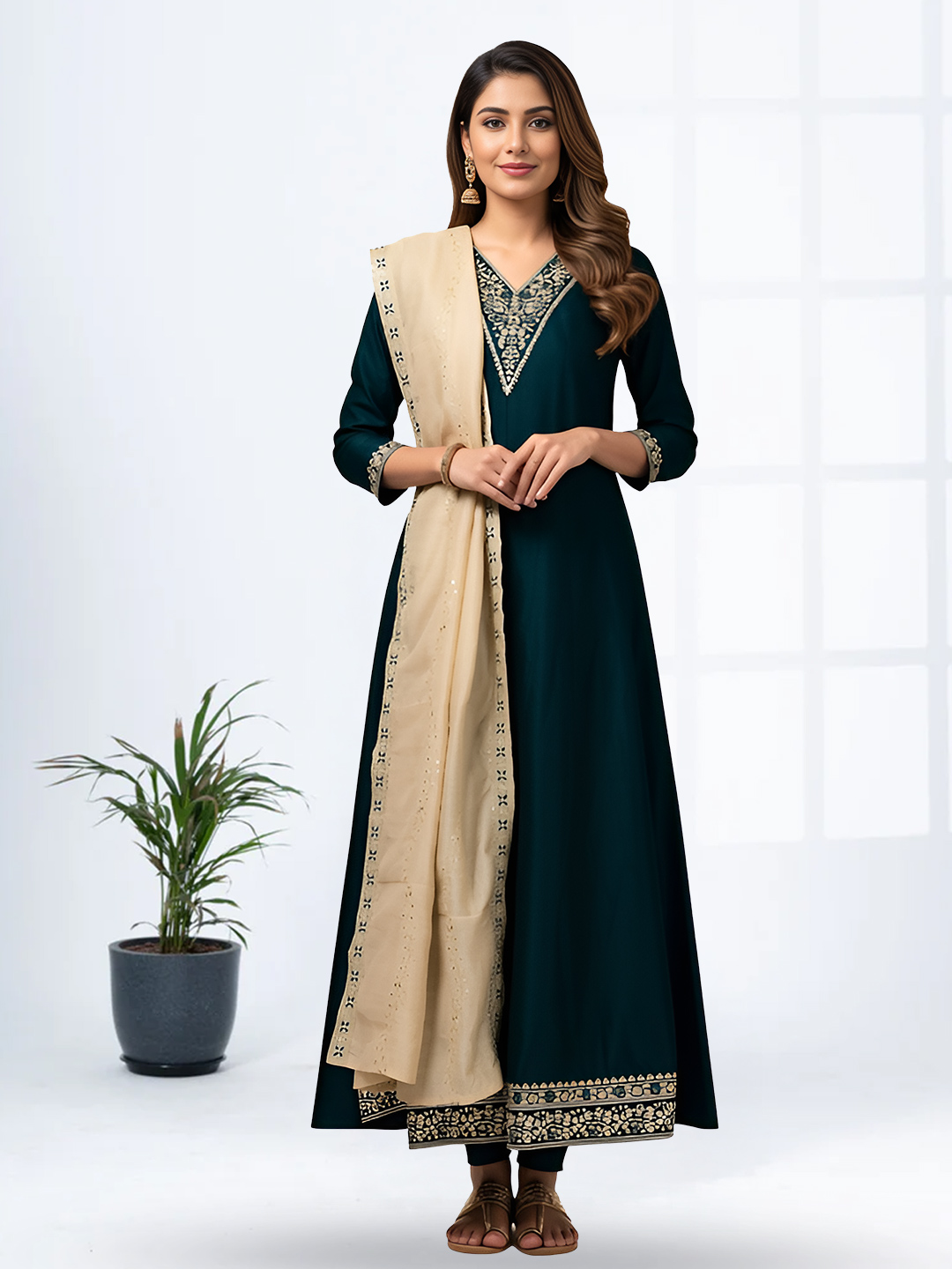 Classic V-Neck Embroidered  Anarkali Salwar Suit Set