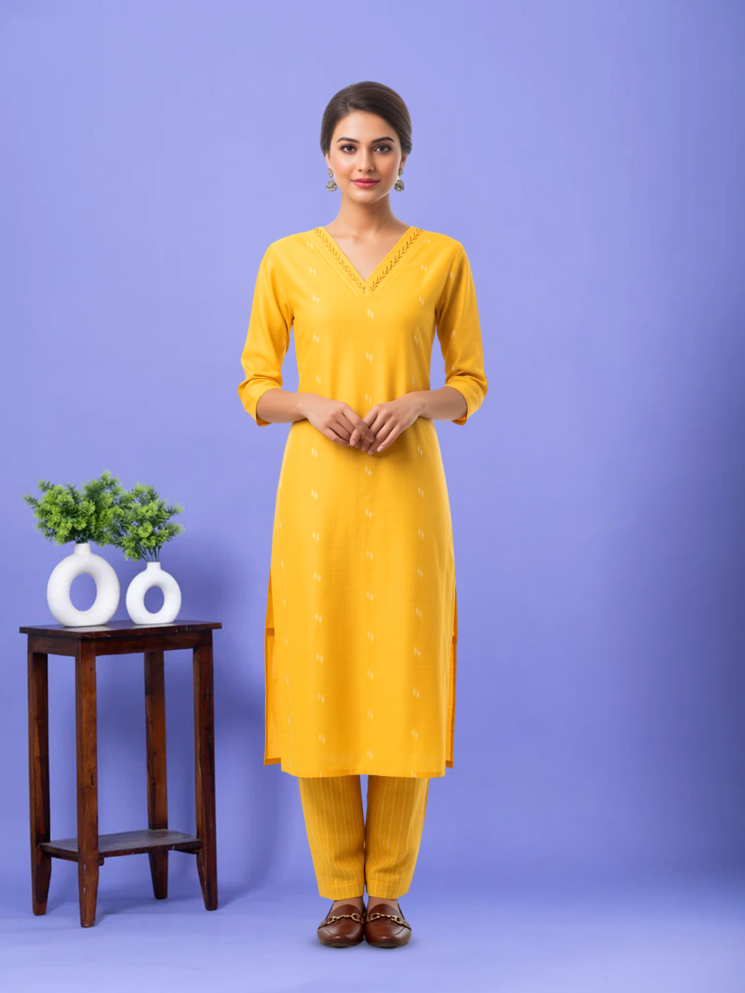 Thread Work V-Neck Kurta with Pant Set