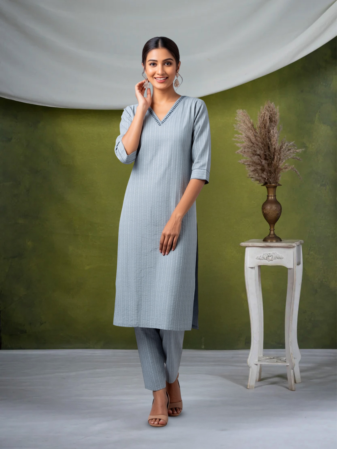 Elegant V-Neckline Vertical Stripe Kurta with Pant Set