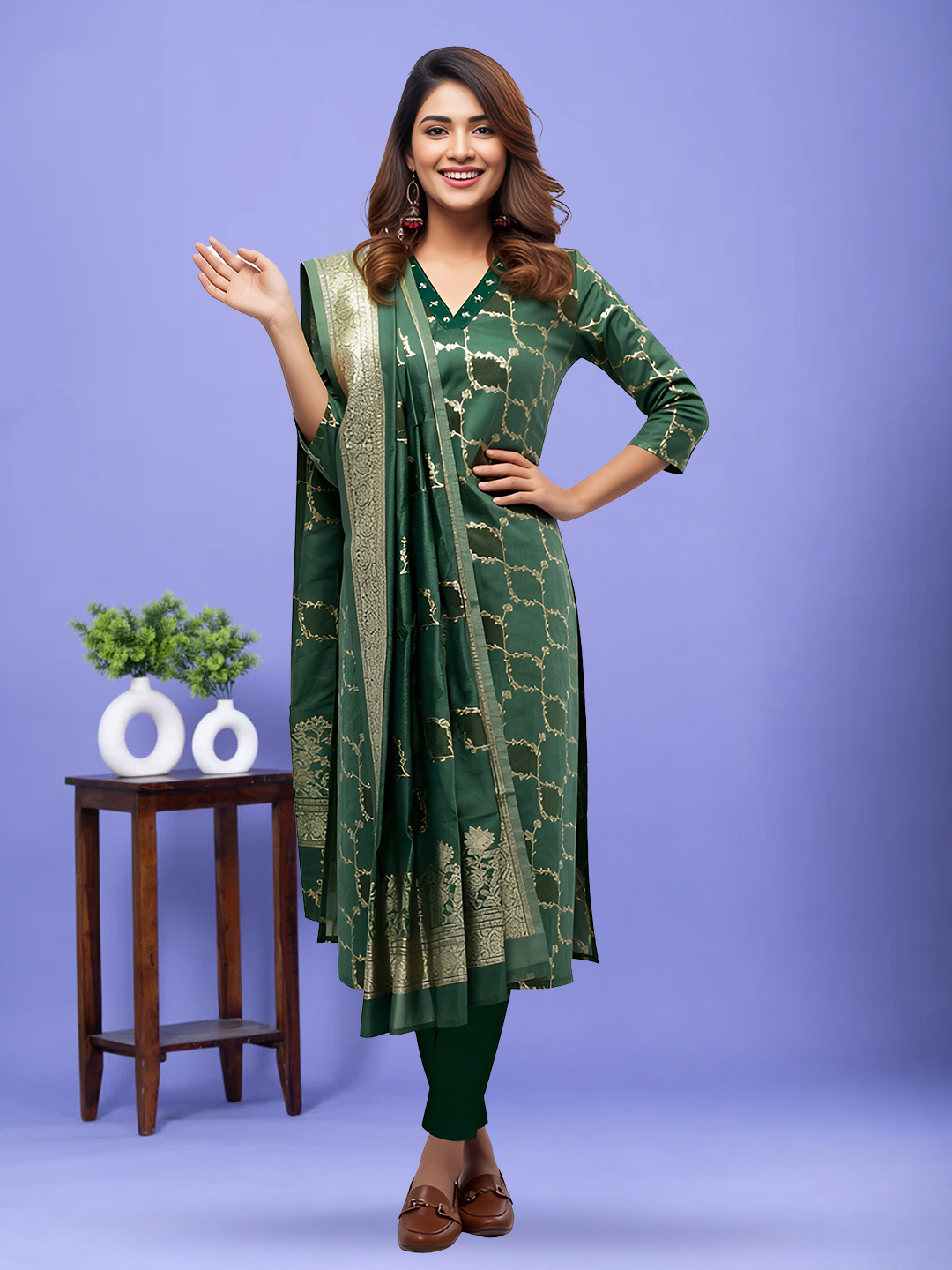 Ethnic Traditional V-Neck  Straight-Cut Salwar Suit Set