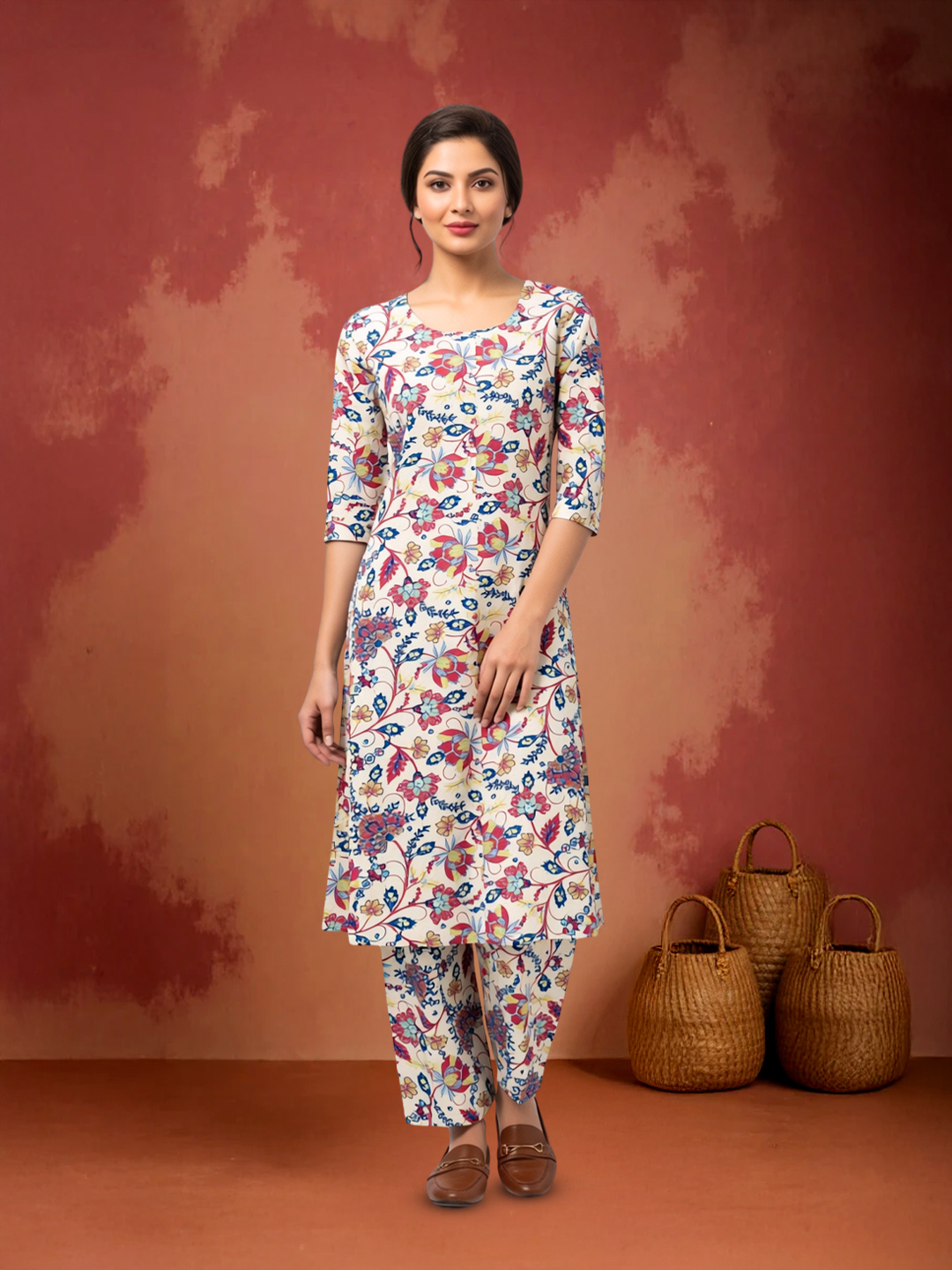 Floral Motifs Round Neck Straight-Cut Kurta with Pant Co-Ord Set
