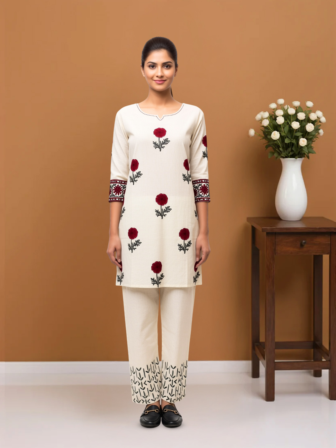 Floral Print Notch Neckline Short Kurta with Palazzo Set