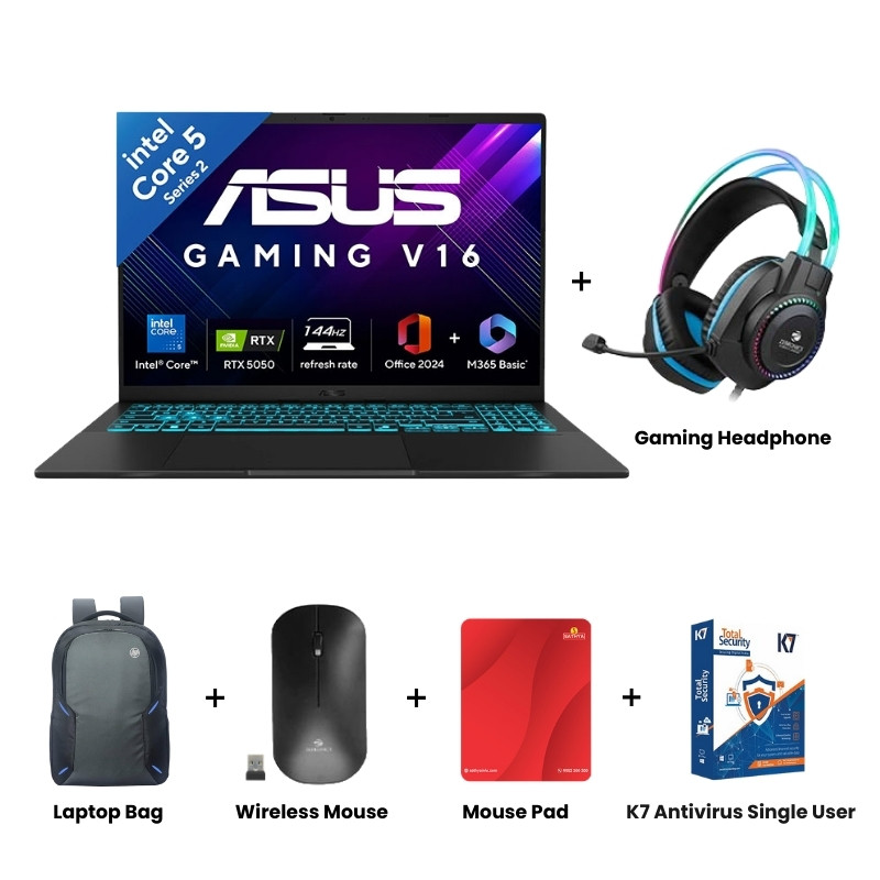 Picture of Asus V16 - Intel Core 5 210H 16" (40.64 cm) V3607VH-RP037WS Gaming Laptop (16GB/ 512GB SSD/ WUXGA Display/ 8GB GDDR7 NVIDIA GeForce RTX 5050/ Windows 11 Home/ Office Home 2024 + M365 Basic (1 Year Validity)/ 1 Year Warranty/ Black/ 1.95kg)