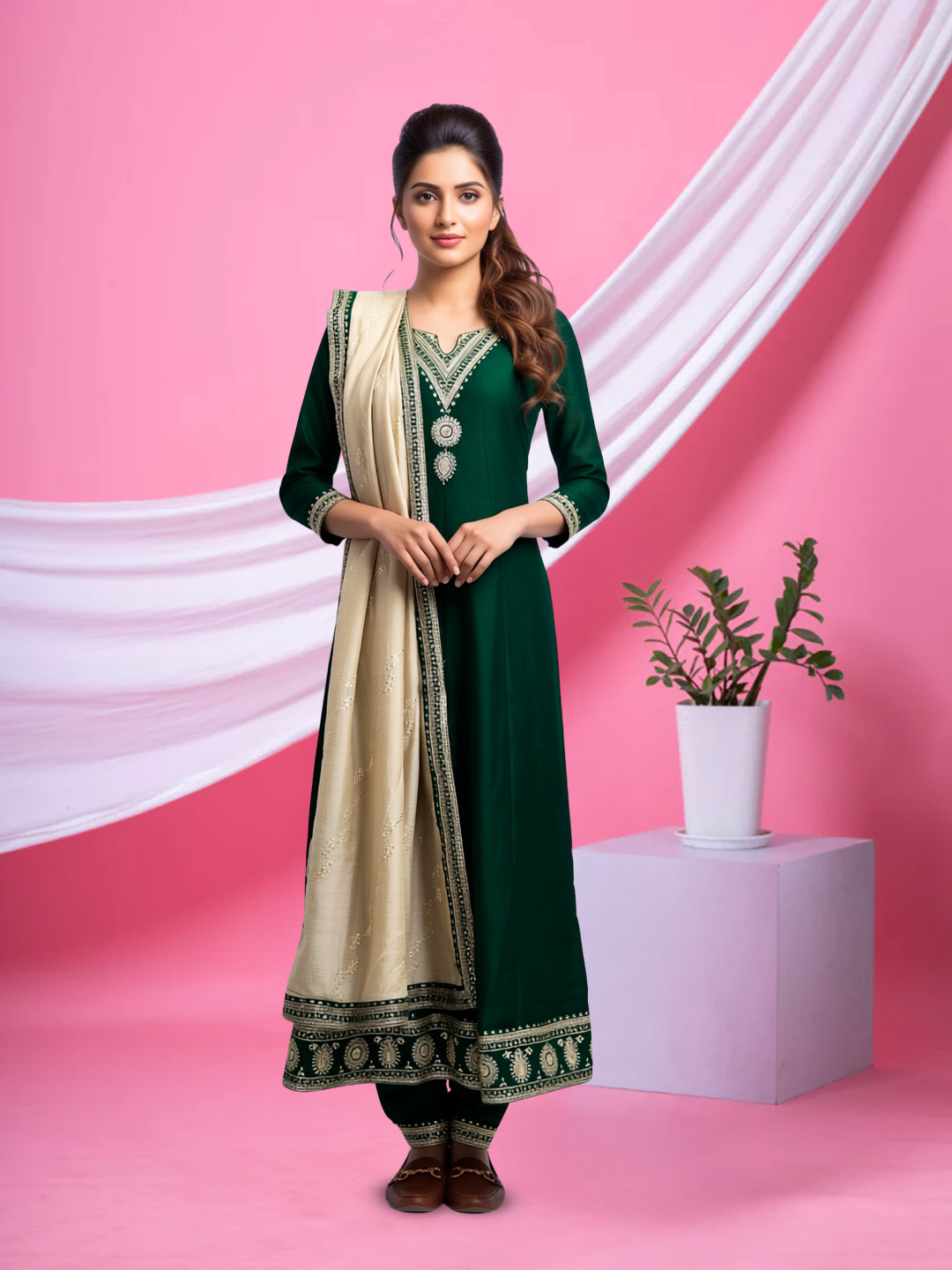 Ethnic Embroidery Solid Anarkali Salwar Suit Set