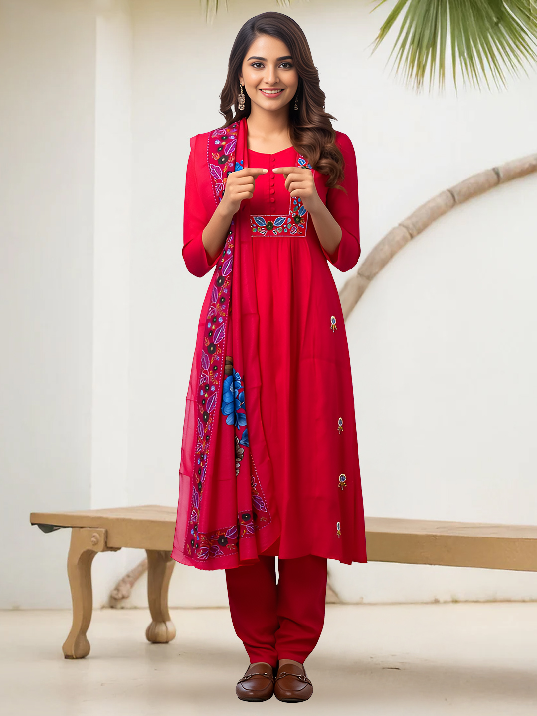 Floral Embroidery Decorative Neckline Salwar Suit Set