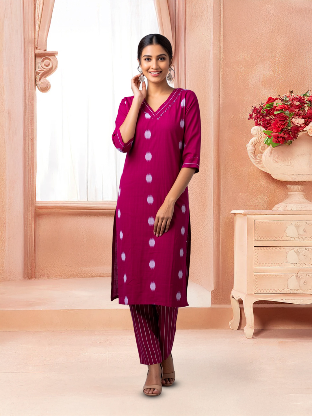 V-Neck Dot Printed Kurta with Pant Set