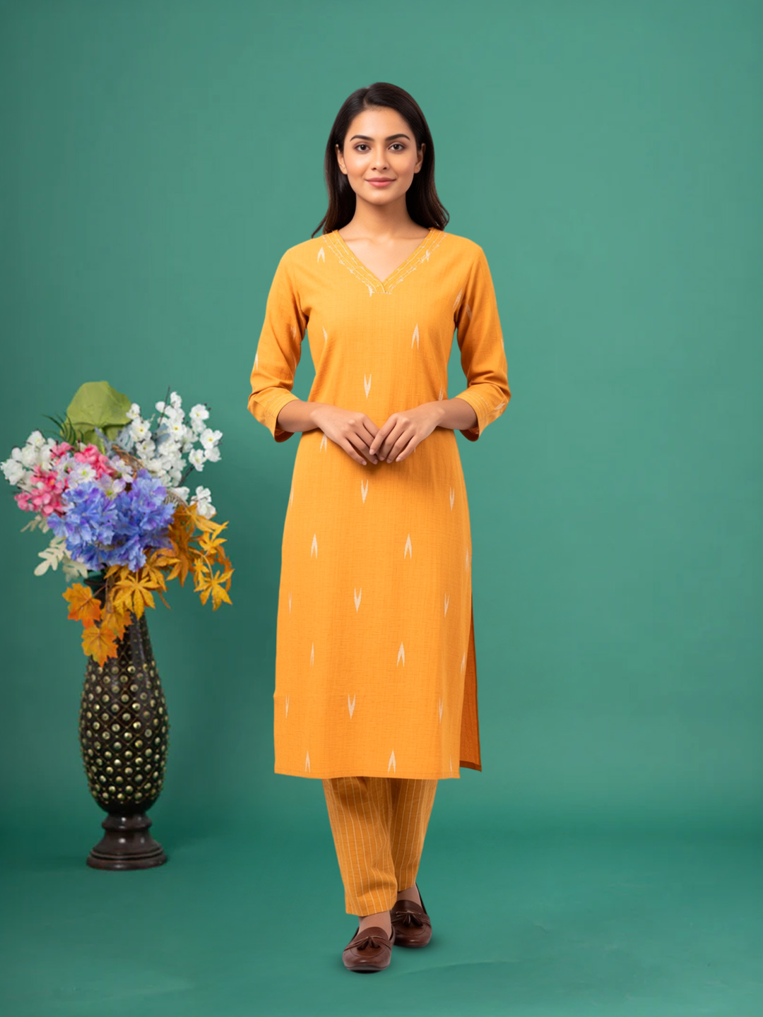 Thread Detailing V-Neck Kurta with Pant Set