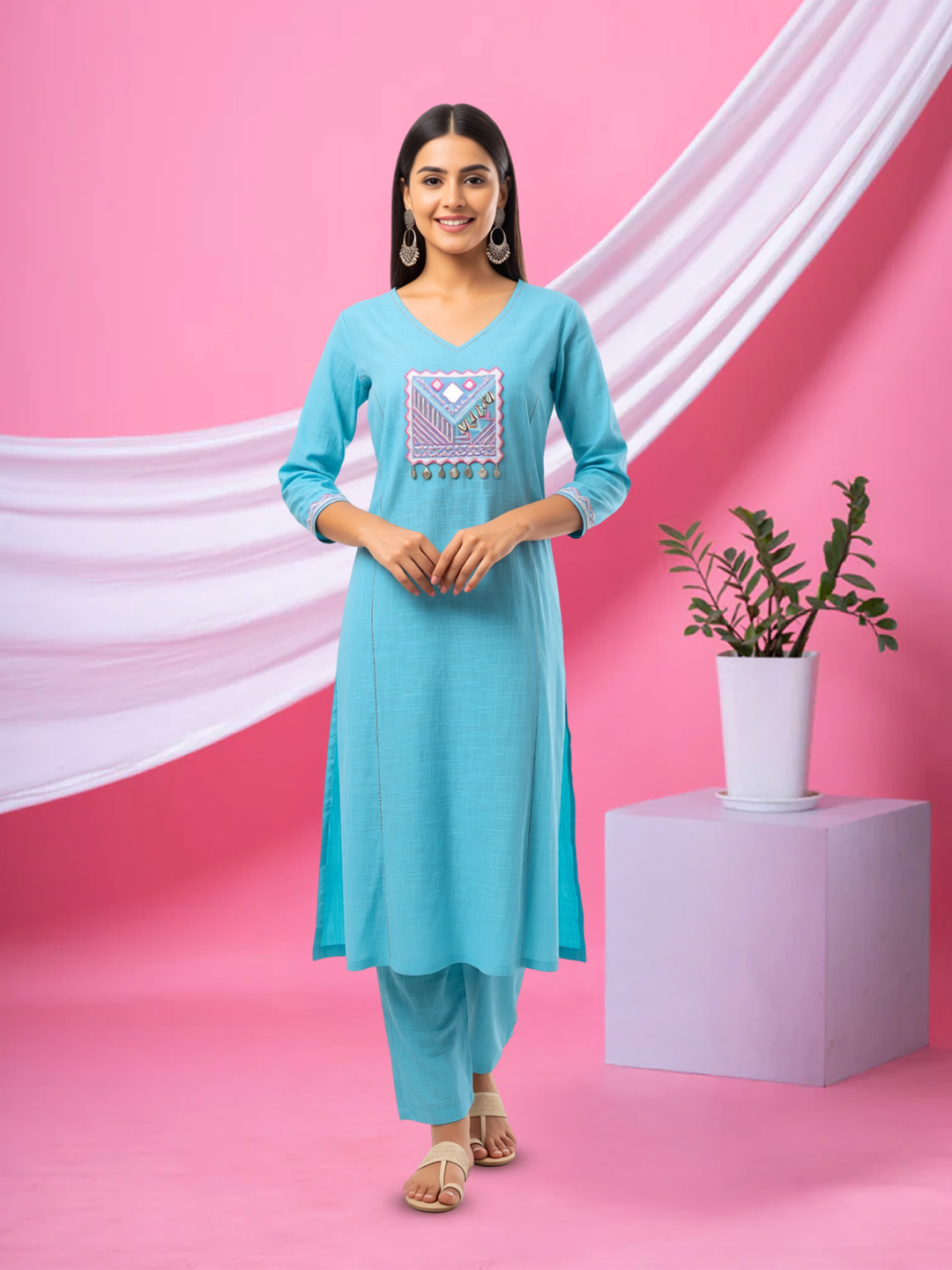 Geometric Embroidery Mirror Work Kurta with Pant Set