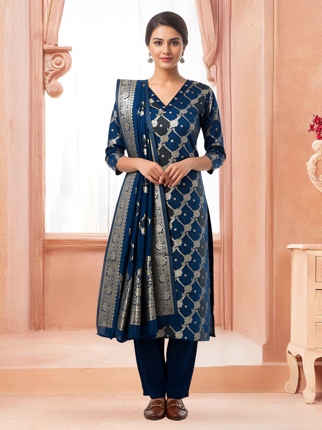 Ethnic Geometric Floral  Straight-Cut Salwar Suit Set