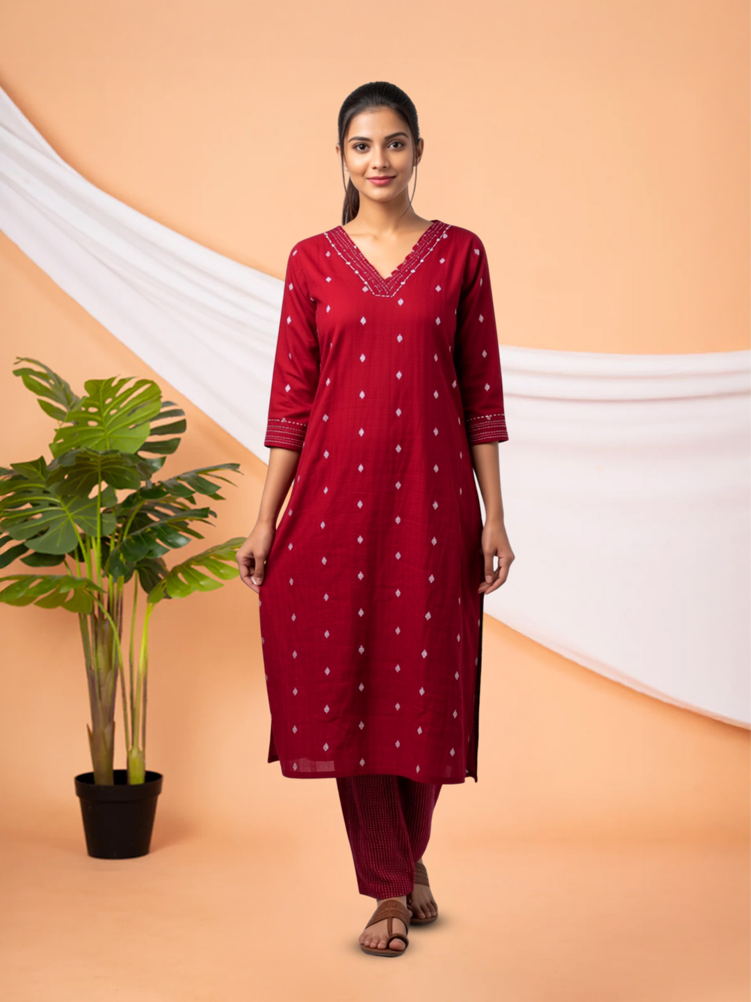 Printed Motifs V-Neck  Kurta with Pant Set