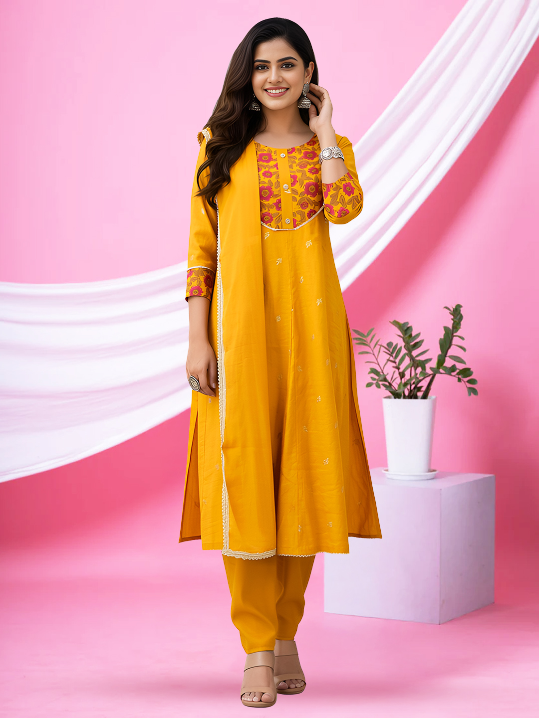 Floral Printed Yoke Round Neckline Salwar Suit Set