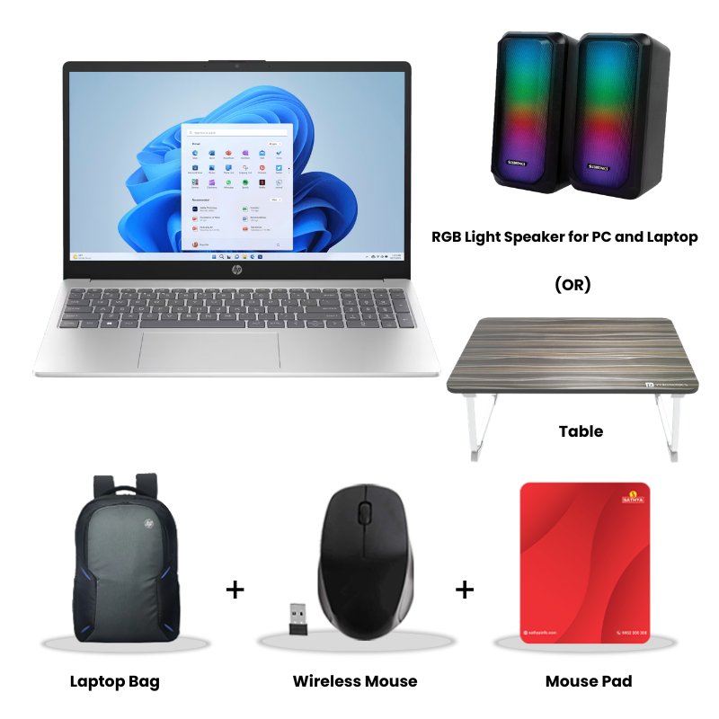 Picture of HP - Intel Core 3 100U 15.6" (39.6 cm) 15-fd0883TU Thin & Light Laptop (8GB DDR5/ 512GB SSD/ Full HD Display/ Intel Graphics/ Anti-Glare/ Camera Privacy Shutter/ Mic mute key/ Windows 11 Home/  MS Office/ 1Year Warranty/ Natural silver/ 1.59kg) RGB Light Speaker for PC and Laptop (or) Laptop Table + Laptop Bag + Wireless Mouse + Mouse Pad