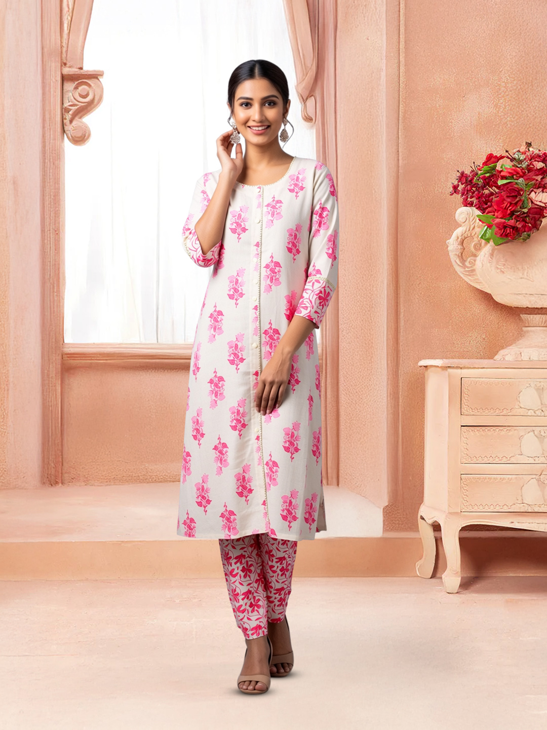 Elegant Floral Print Comfortable Kurta with Pant Set