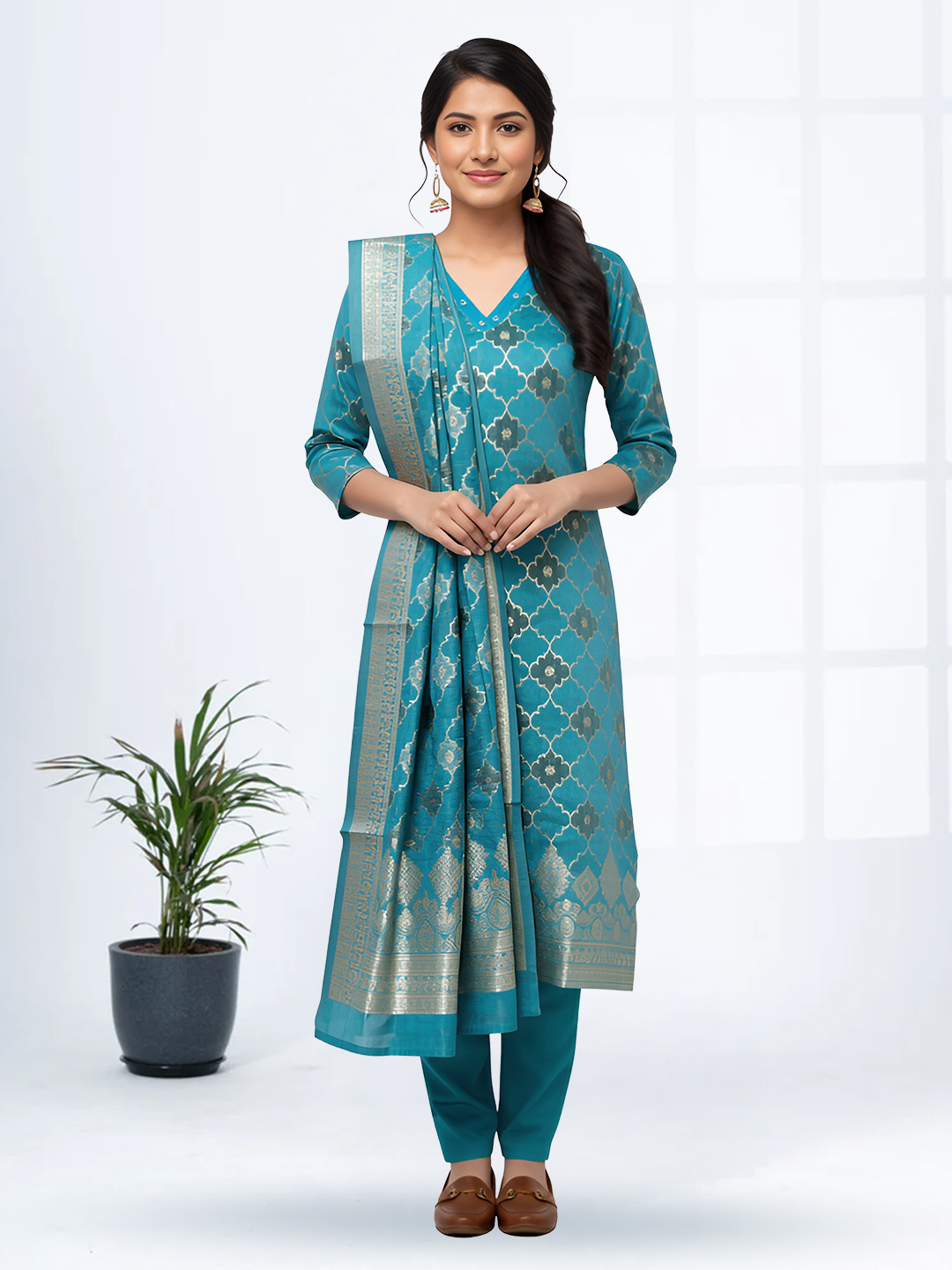 Traditional Woven Motifs V-Neck Salwar Suit Set
