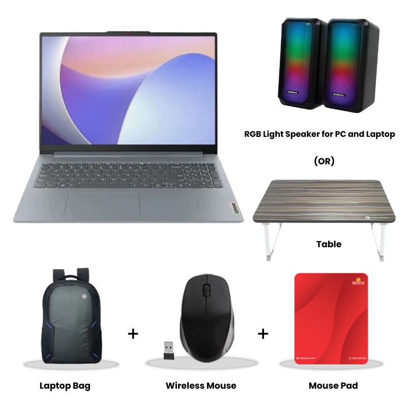 Picture of Lenovo IdeaPad Slim 3 - Intel Core i3-1315U 15.6" (39.62 cm) 82X700G3IN Thin & Light Laptop (8GB/ 512GB SSD/ Full HD Display/ Camera Privacy Shutter/ Anti-glare/ Integrated Intel UHD Graphics/ Windows 11 Home/ MS Office 2024/ 1Year Warranty/ Arctic Grey/ 1.62 kg)  RGB Light Speaker for PC and Laptop (or) Laptop Table + Laptop Bag + Wireless Mouse + Mouse Pad