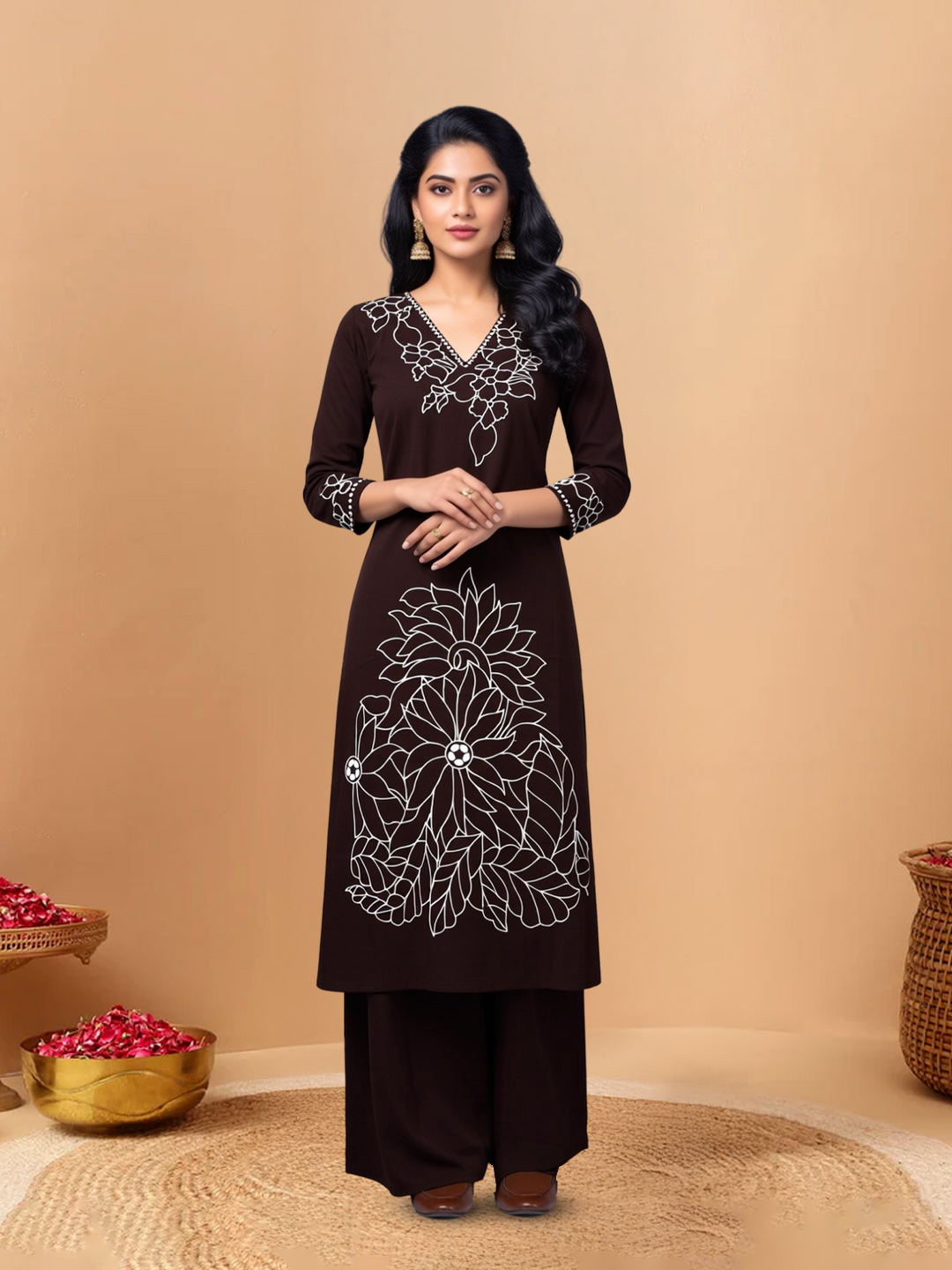 Floral Embroidery  V-Neck Kurta with Palazzo Set