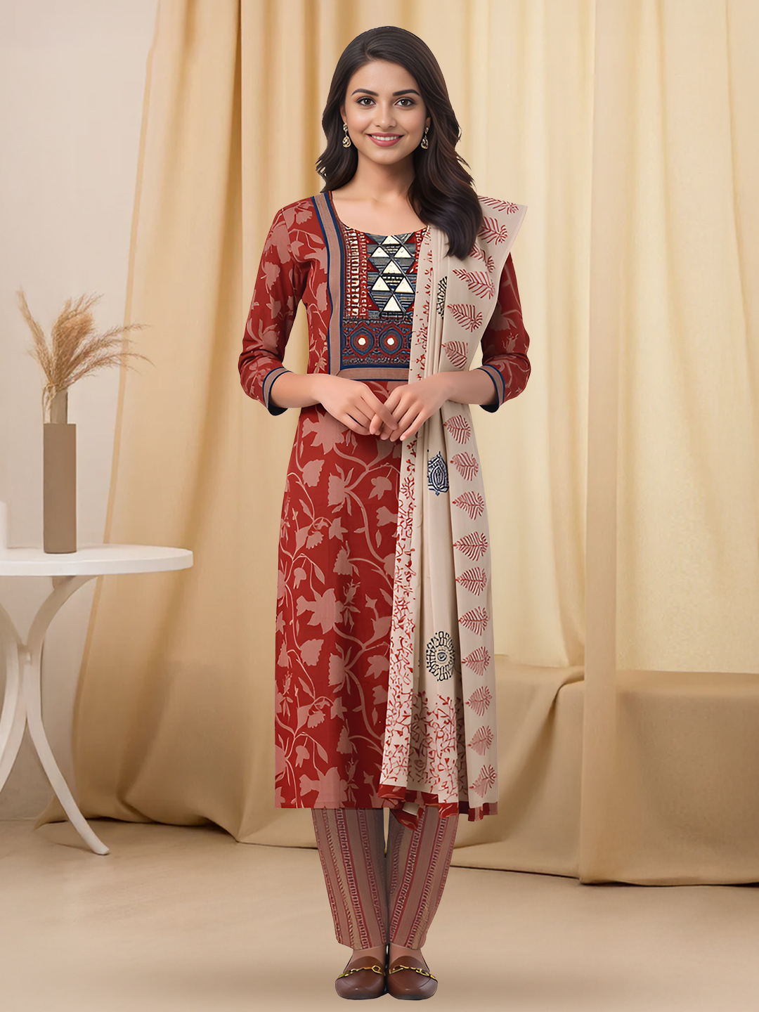 Traditional Floral Print Mirror Work Salwar Suit Set