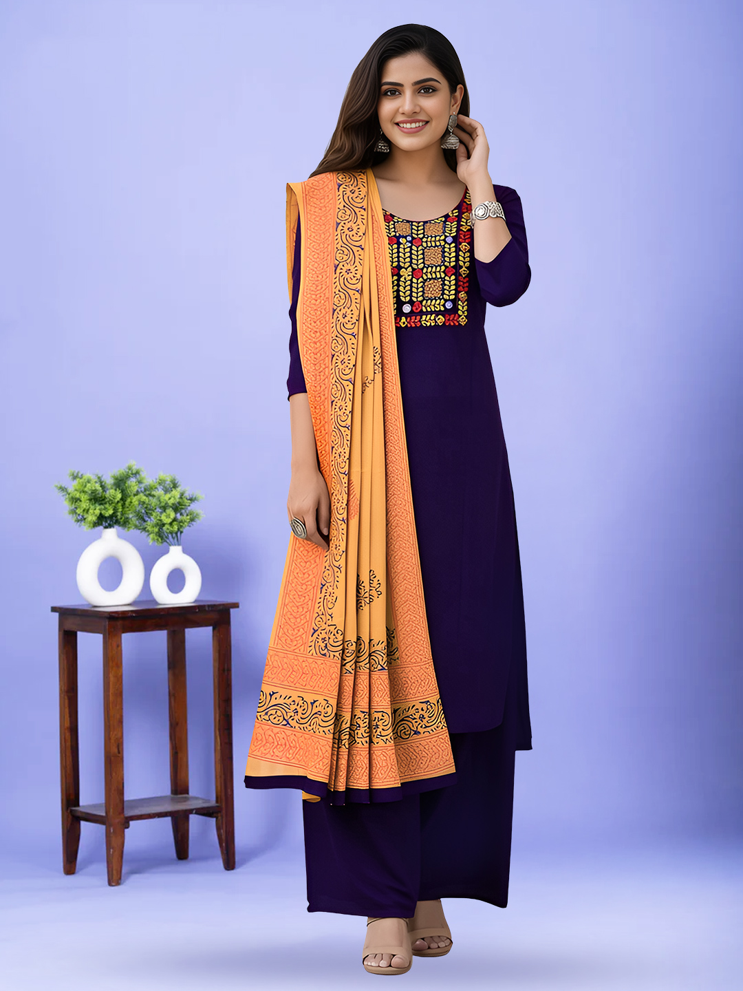 Embroidered Mirror Work Kurta with Palazzo & Dupatta Set