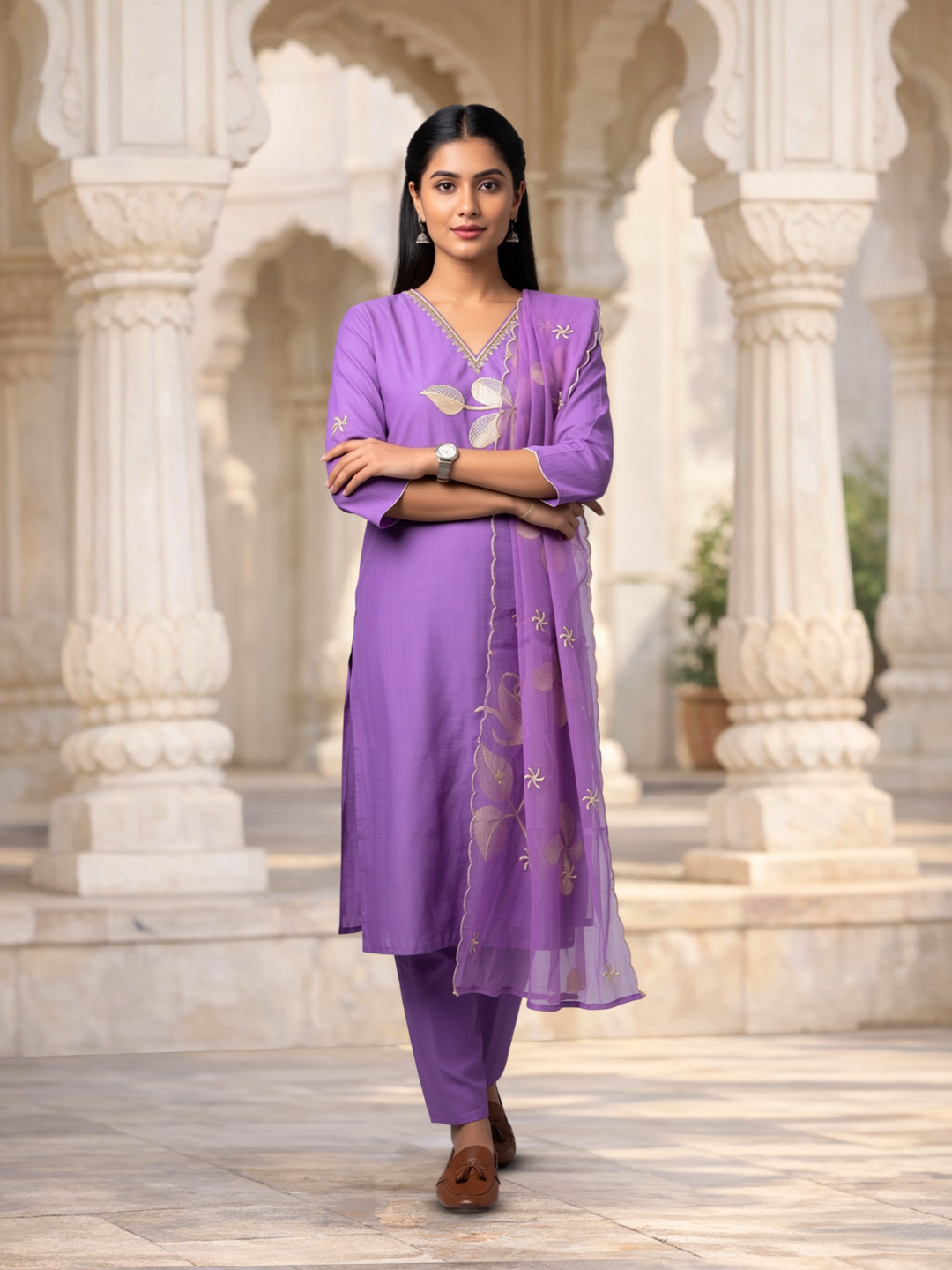 Ethnic V-Neckline Embroidered Salwar Suit Set