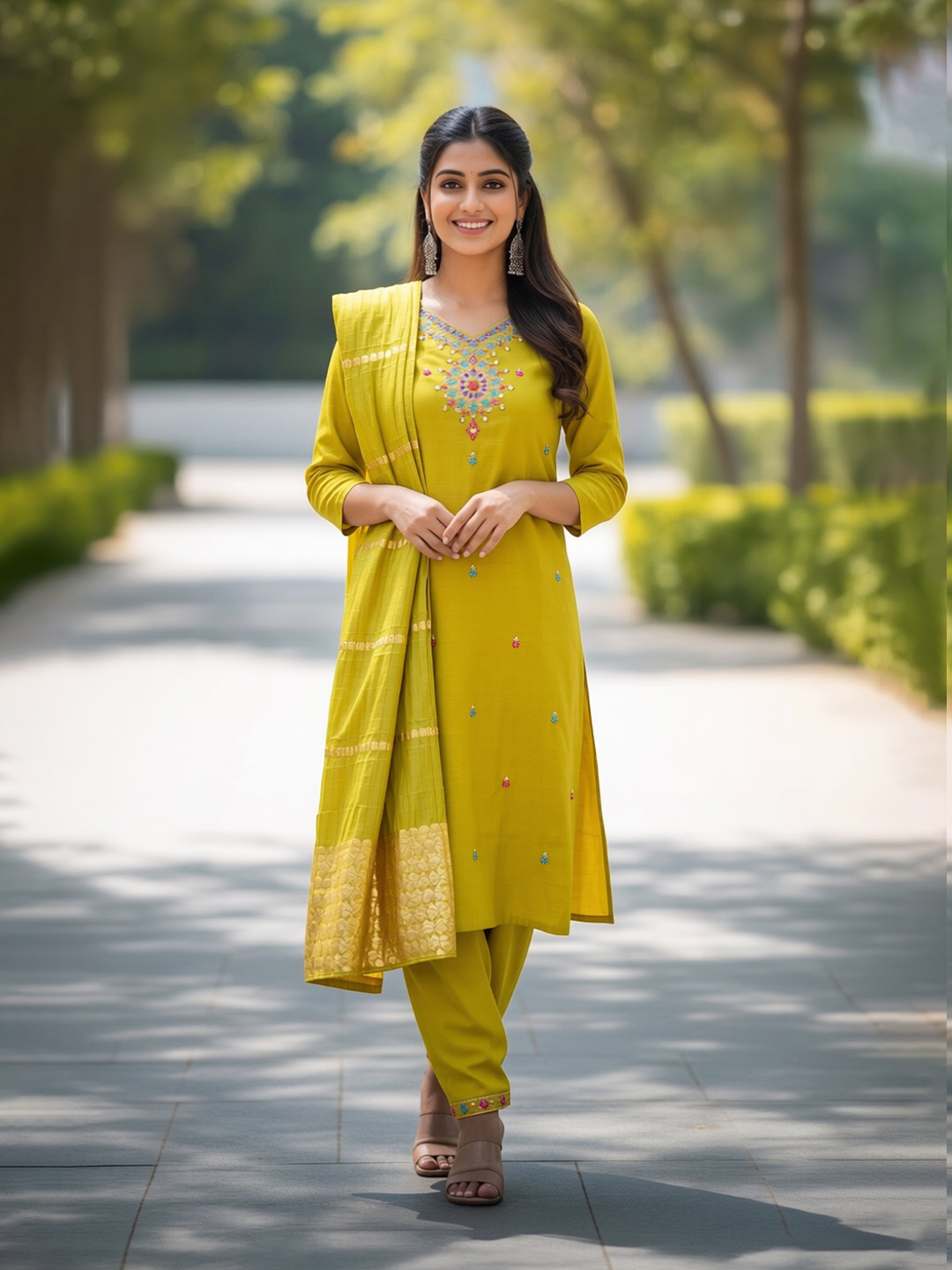 Threadwork Embroidery Neckline Ethnic Salwar Suit Set