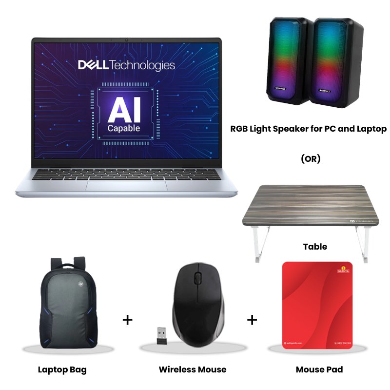 Picture of Dell  Inspiron 7440 New 14 Plus -  Intel Core 7 240H 14" (35.6 cm) Thin & Light Laptop (16GB LPDDR5X/ 512GB SSD/ Full HD Display/ Intel UHD Graphic/ Windows 11 Home/ Office Home 2024 + M365 Basic (1 Year Validity)/ 1Year Warranty/  Ice Blue/ 1.60 kg) RGB Light Speaker for PC and Laptop (or) Laptop Table + Laptop Bag + Wireless Mouse + Mouse Pad