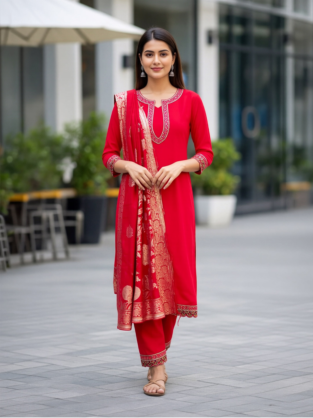 Embroidery Notched Round Neck Traditional Salwar Suit Set