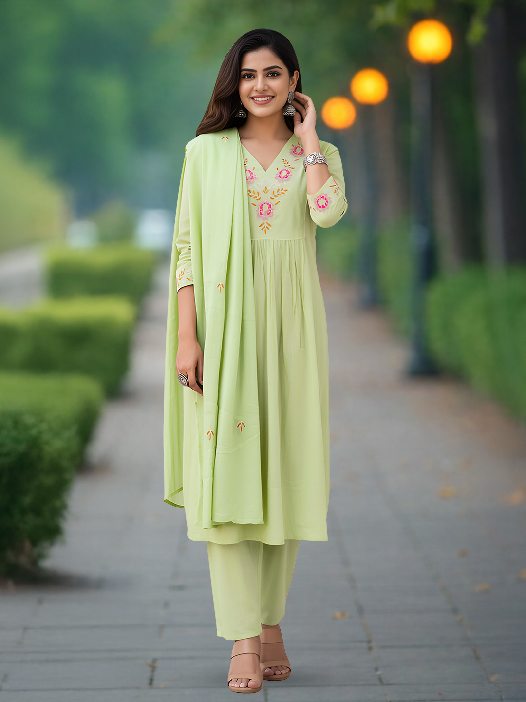 V-Neck floral Thread Work Ethnic Salwar Suit Set