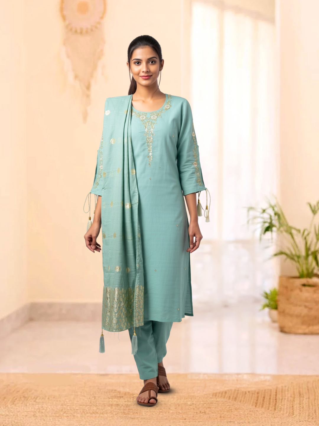 Embroidery Round Neckline Traditional Salwar Suit Set
