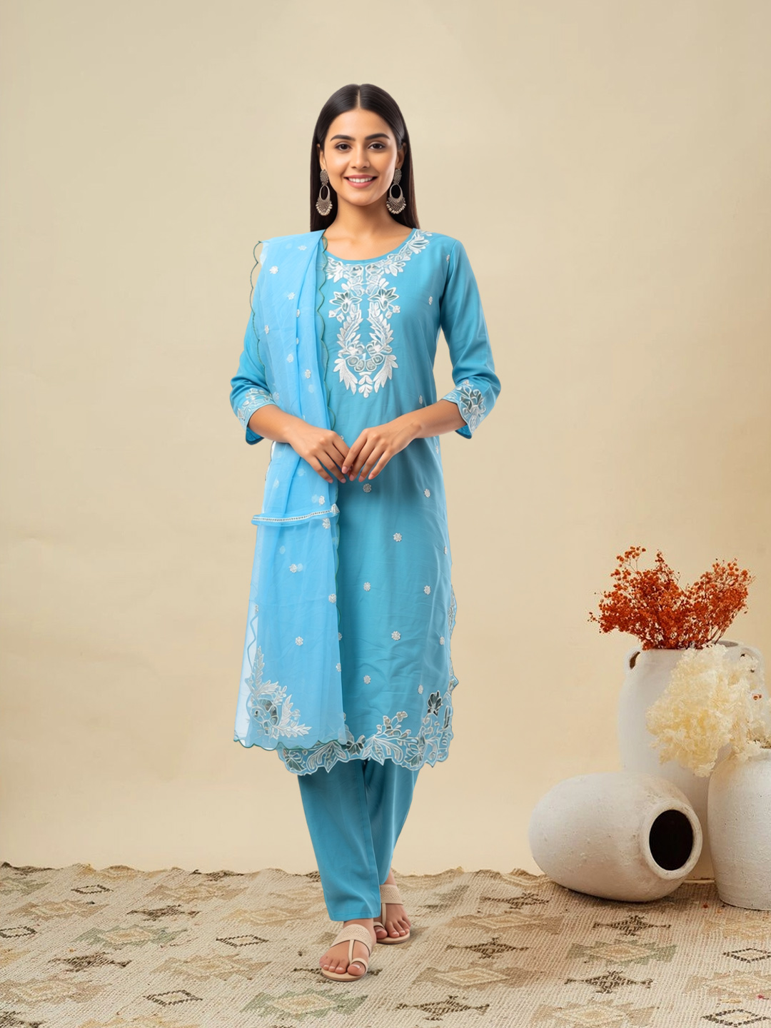 Round Neck Floral Embroidery Salwar Suit Set