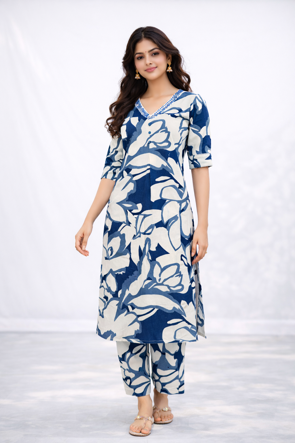 Elegant V-Neckline Floral Print Kurta with Pant Co-Ord Set