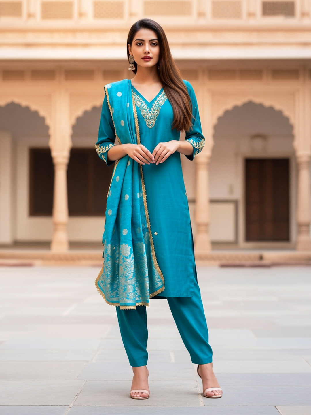 Detailed Embroidery V-Neck Aari Work Salwar Suit Set