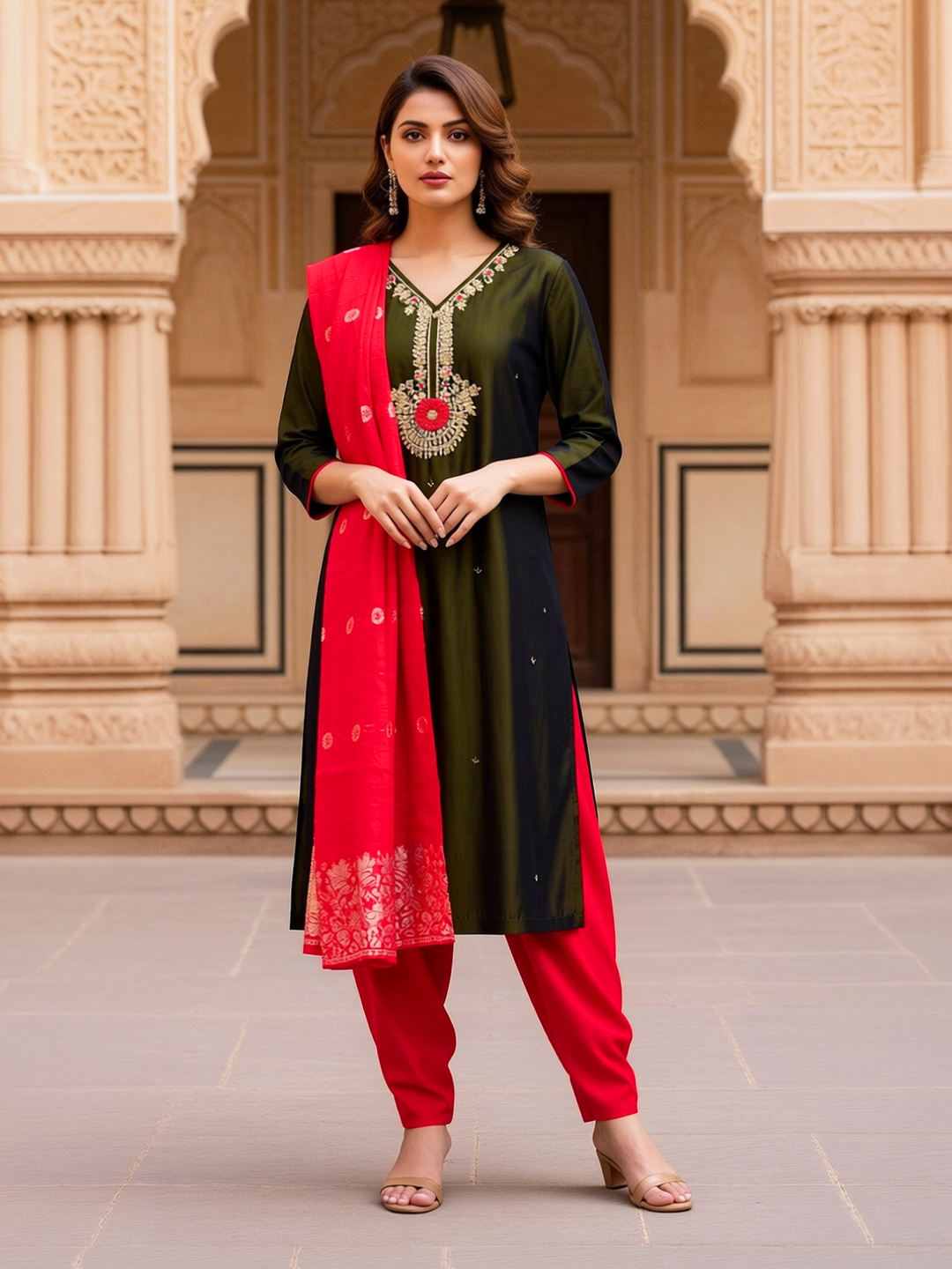 Embroidered V-Neck Ethnic Salwar Suit Set