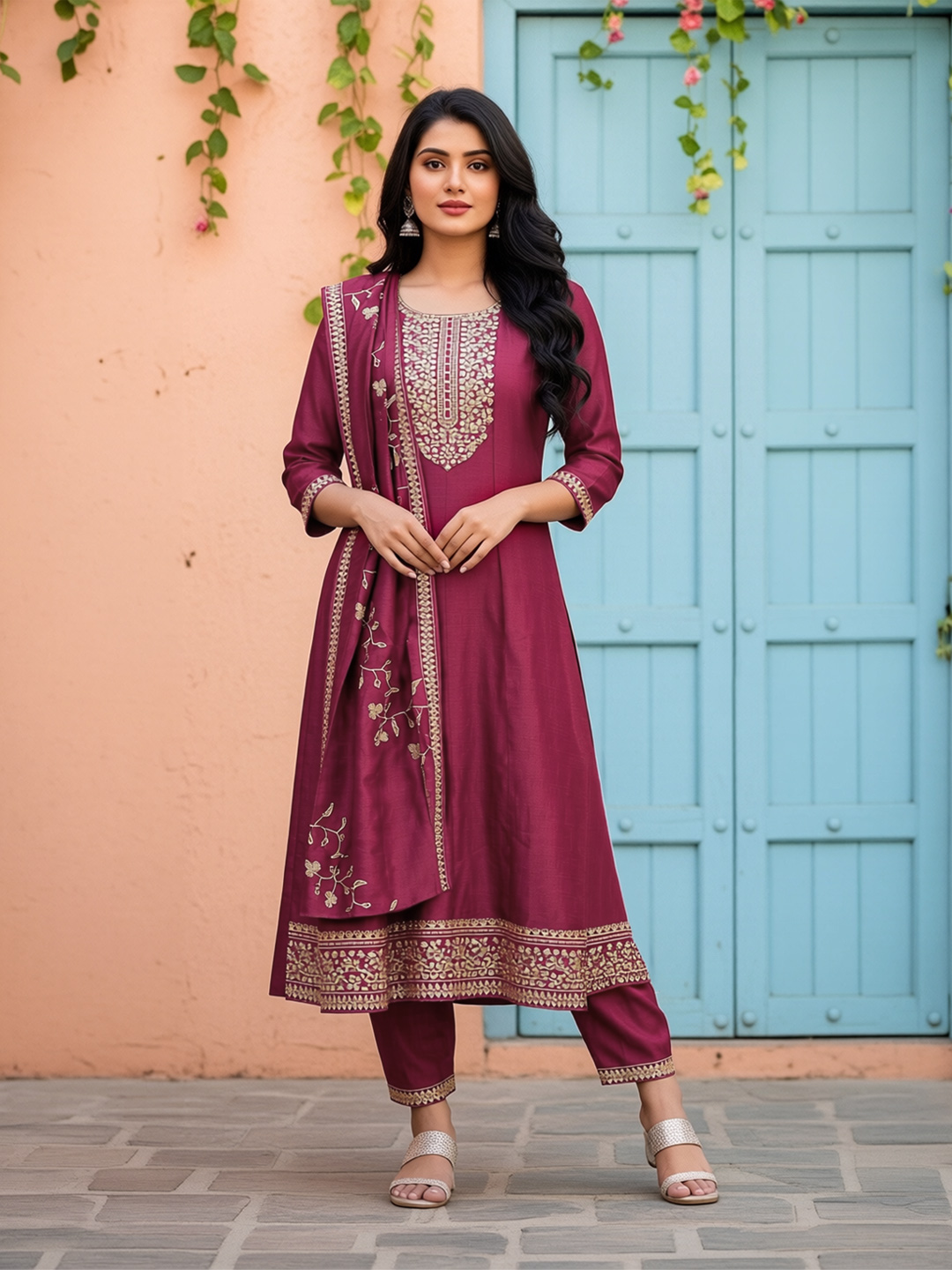 Ethnic Motifs Embroidered Anarkali  Salwar Suit Set