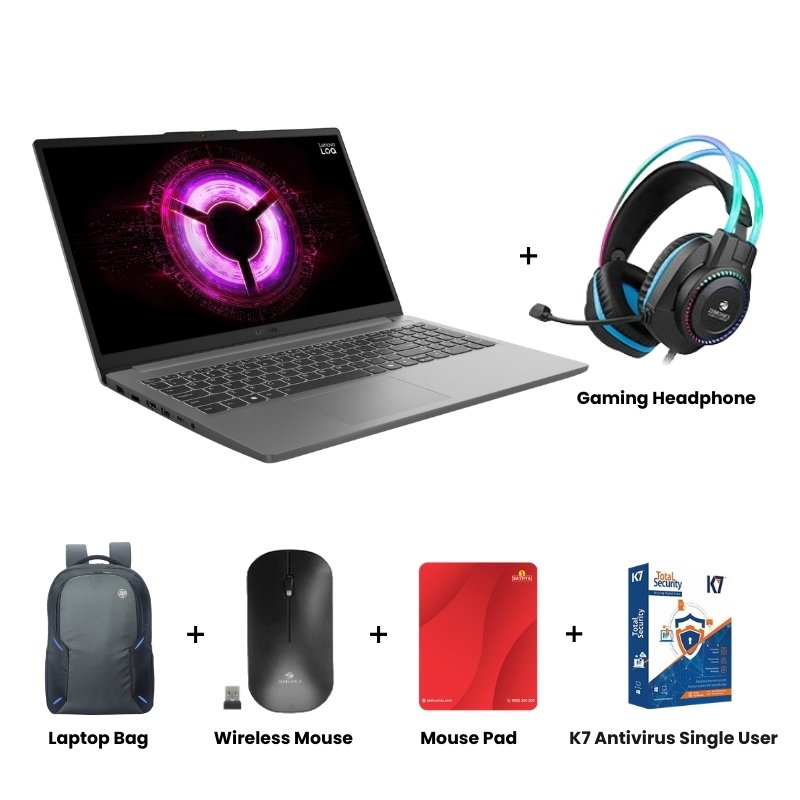 Picture of Lenovo  LOQ - AMD Ryzen 7 170 15.6" (39.62 cm) Gaming Laptop (16GB/ 512GB SSD/ Full HD Display/  NVIDIA GeForce RTX 3050 6GB GDDR6/ Camera Privacy Shutter/ Windows 11 Home/  Office Home 2024/ 1 Year Warranty/ Luna Grey/ 1.8 kg) Zebronics Zeb-Jet Premium Gaming Headphone + Laptop Bag + Wireless Mouse + Mouse Pad + K7 Antivirus Single User