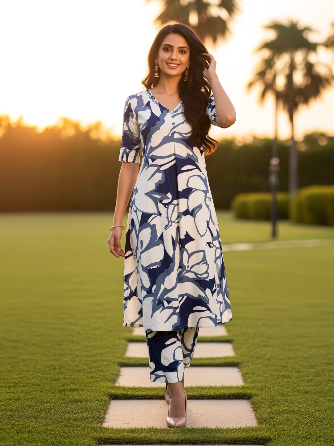 Elegant V-Neckline Floral Print Kurta with Pant Co-Ord Set