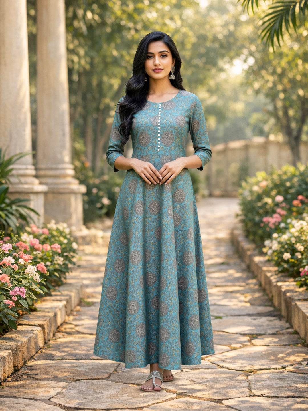 Floral Printed Round Neckline Anarkali Kurta