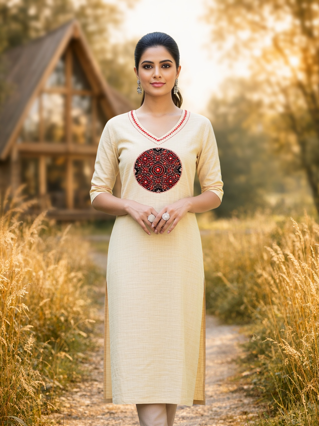 Ethnic Thread Embroidery Sequinned Straight-Cut Kurta 