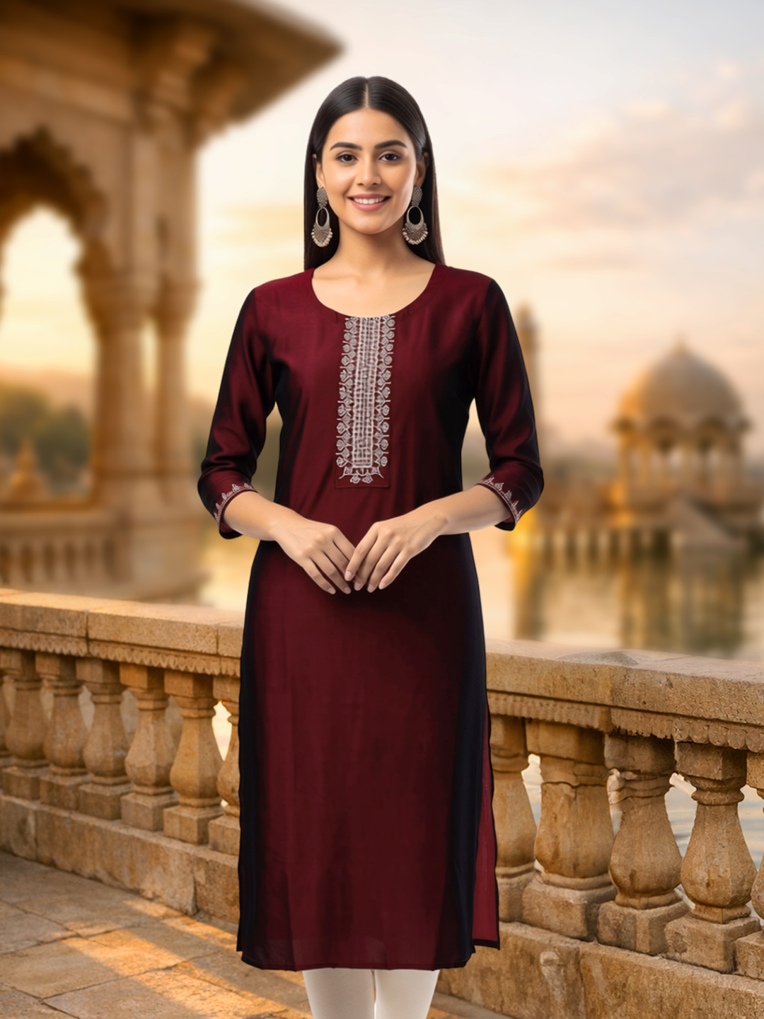 Embroidered Neckline Straight-Cut  Comfortable Kurta