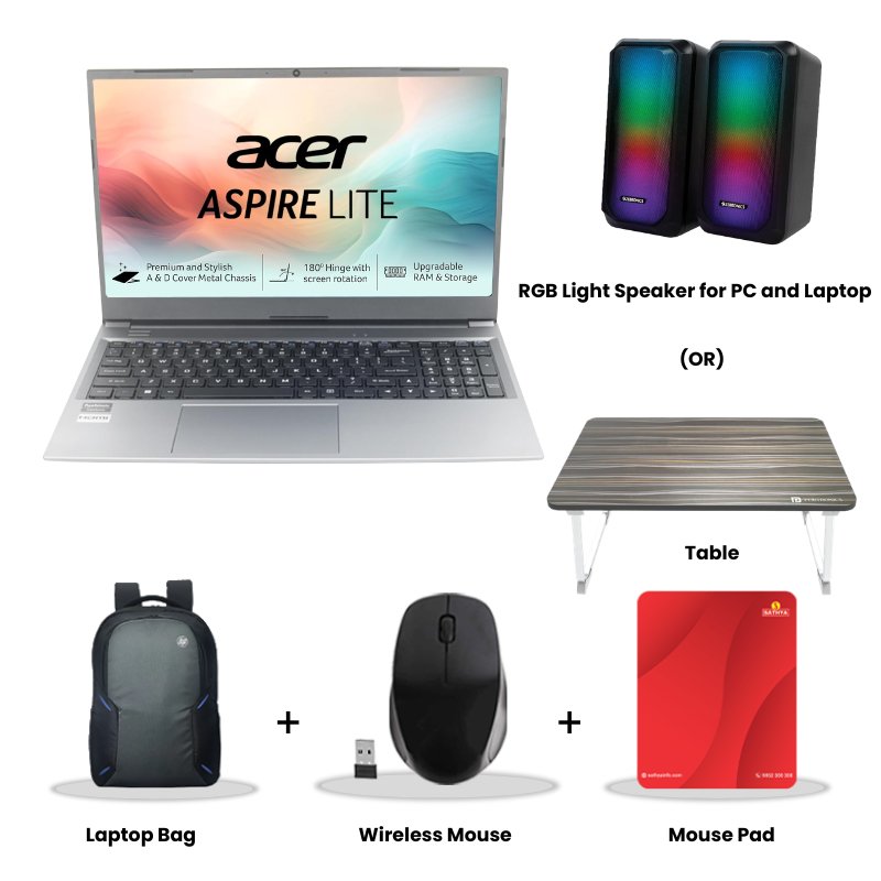Acer Aspire Lite - AMD Ryzen 5-7430U 15.6" (39.62 cm) AL15-41 Thin & Light Laptop (8GB/ 512GB SSD/ Full HD Display/ AMD Radeon Graphics/ Windows 11 Home/ MS Office/ 1Year Warranty/Steel Gray/ 1.59 Kg)  RGB Light Speaker for PC and Laptop (or) Laptop Table + Laptop Bag + Wireless Mouse + Mouse Pad